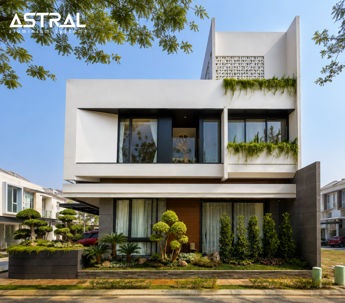 Fasad Mr. A House dengan pintu dan jendela aluminium hitam